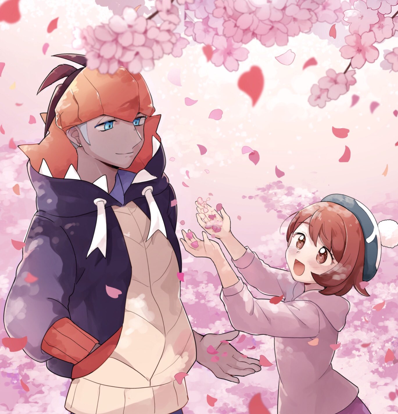 1boy, 1girl, :d, bangs, black_hoodie, blue_eyes, blurry, blush