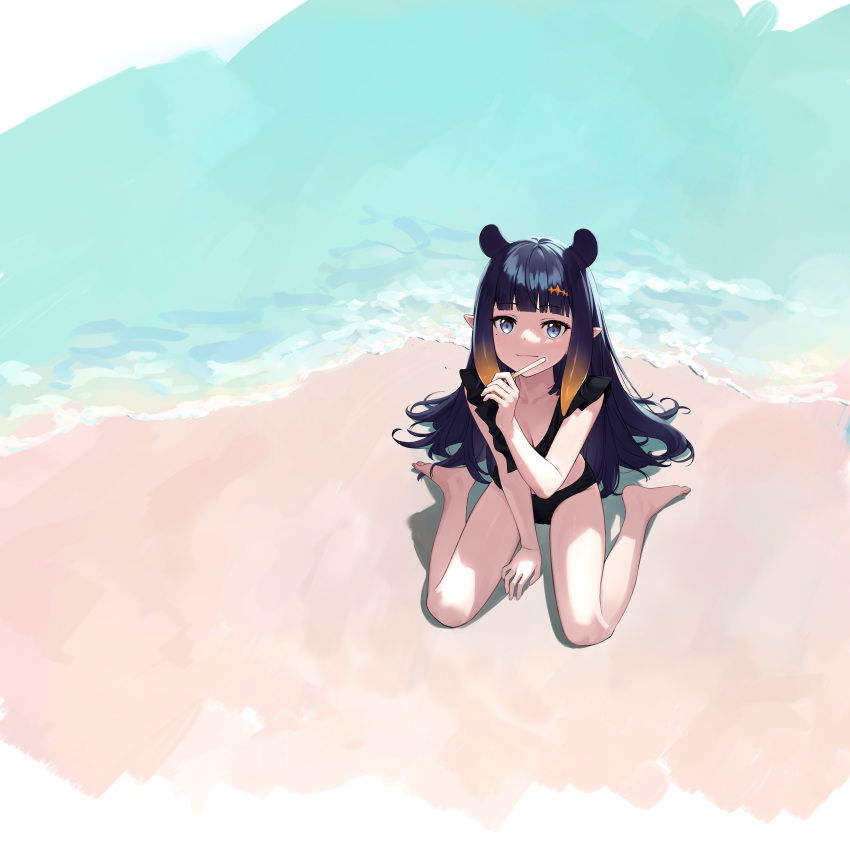 1girl, absurdres, animal_ears, beach, between_legs, bikini, black_bikini, black_hair