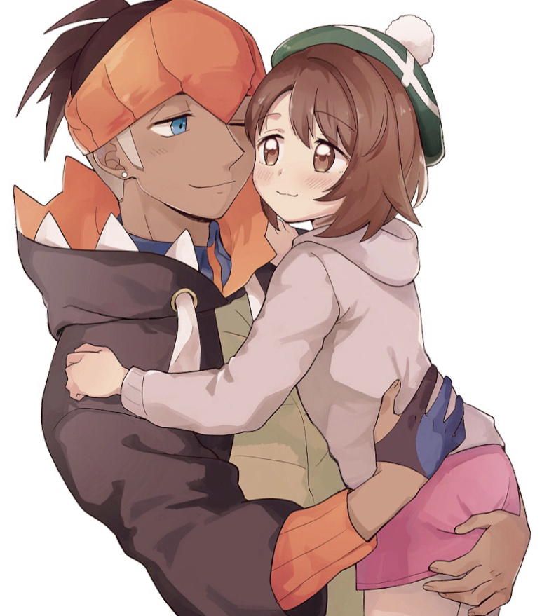 1boy, 1girl, age_difference, bangs, blue_eyes, blush, bob_cut, brown_eyes