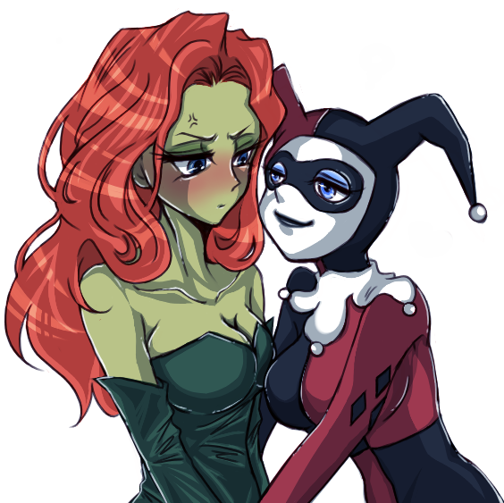 2girls, bare_shoulders, blue_eyes, blush, bodysuit, dc_comics, female, green_skin
