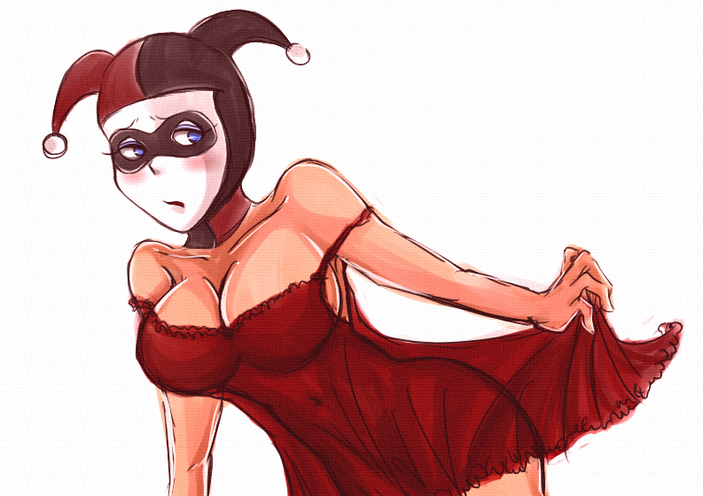 bare_shoulders, blue_eyes, cleavage, dc_comics, female, harley_quinn, huge_breasts, jester_cap