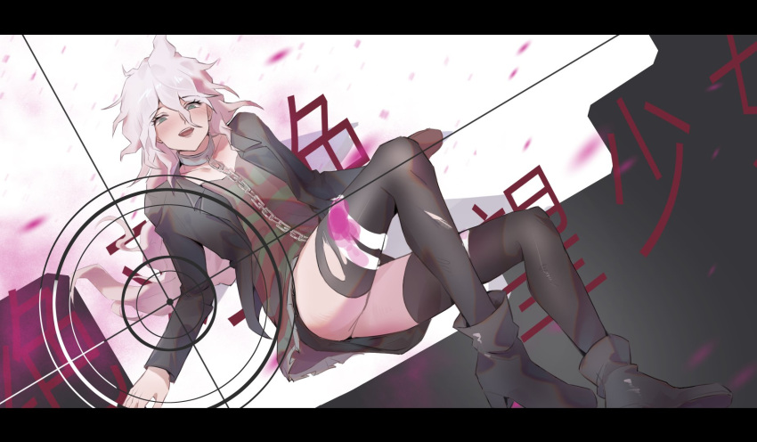 1girl, bangs, black_background, black_jacket, black_legwear, blood, collarbone, commentary_request