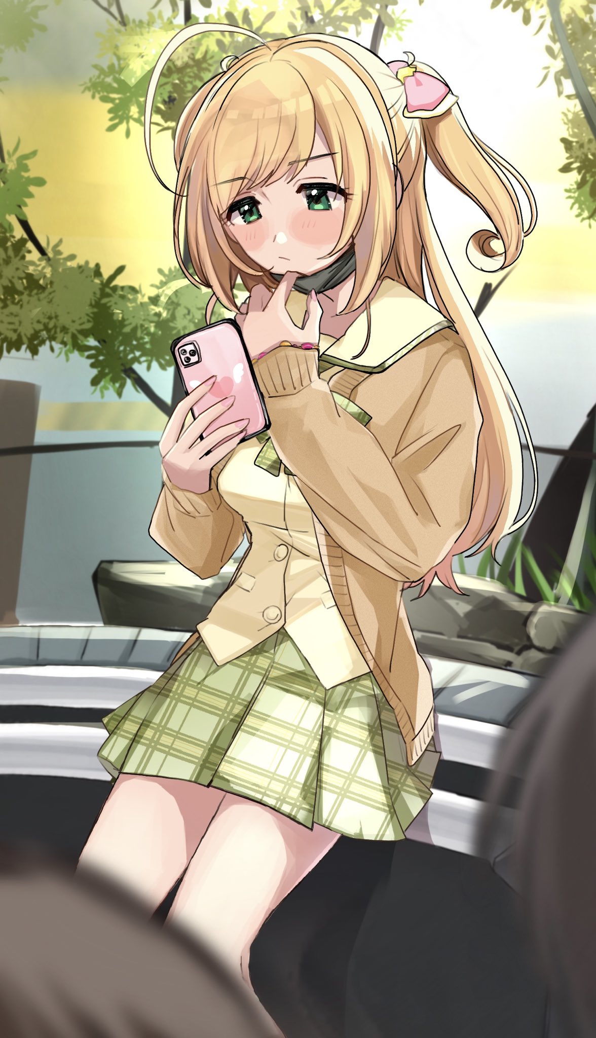 1girl, ahoge, bangs, black_mask, blurry, blurry_background, blush, bored