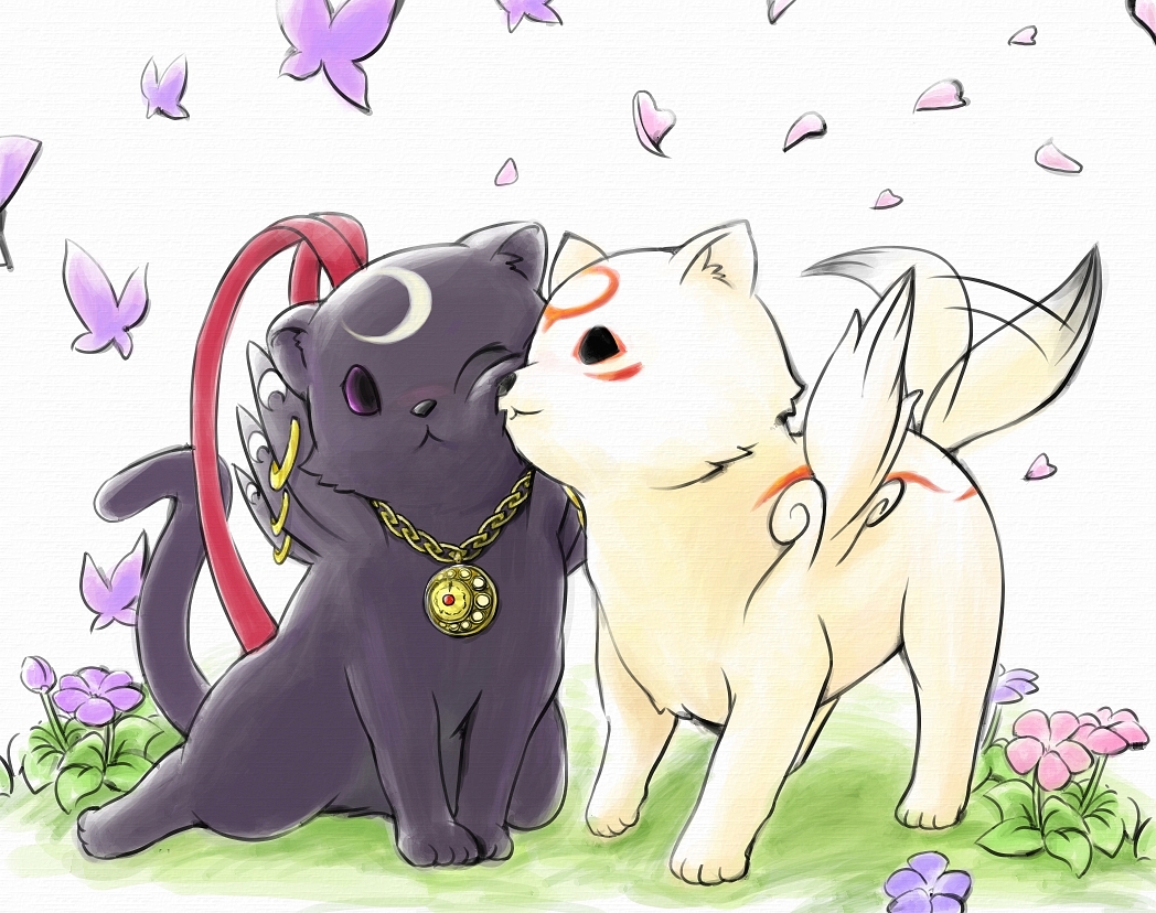 animal, animal_ears, bayonetta_(character), cat, cheek_to_cheek, cherry_blossoms, chibiterasu, crossover