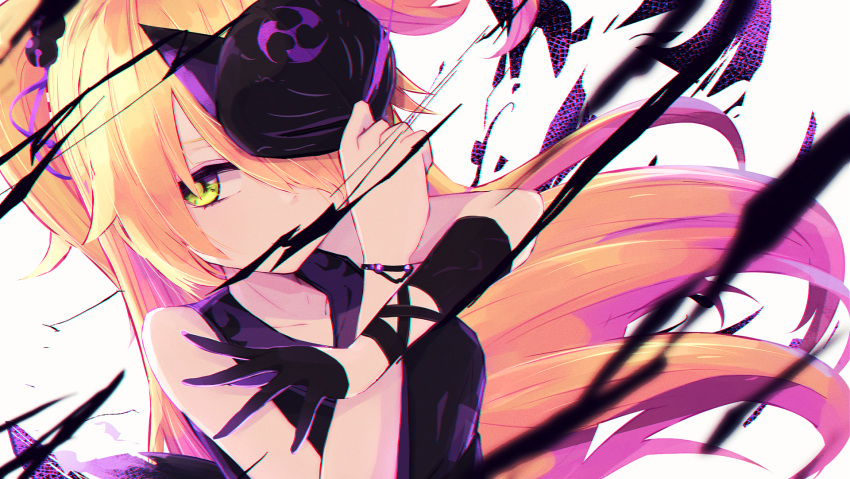 1girl, armband, beads, black_dress, black_gloves, black_mask, blonde_hair, bracelet