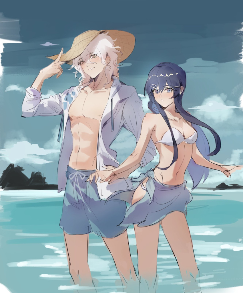 1boy, 1girl, bangs, bare_shoulders, bikini, commentary_request, dangan_ronpa_(series), dangan_ronpa_2:_goodbye_despair