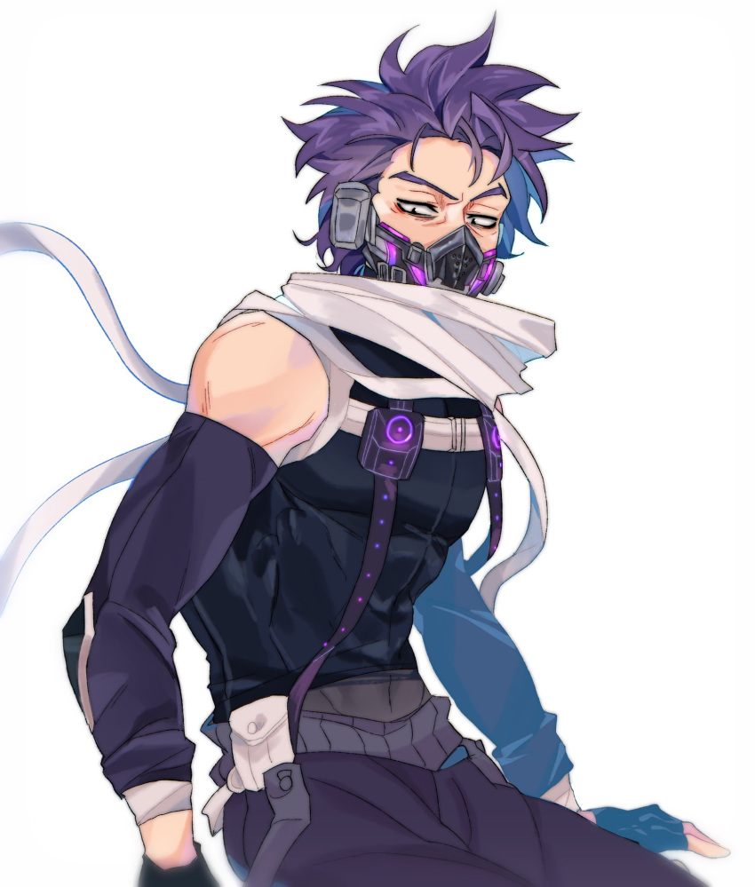 1boy, alternate_costume, bangs, bare_shoulders, black_eyes, boku_no_hero_academia, commentary, covered_abs