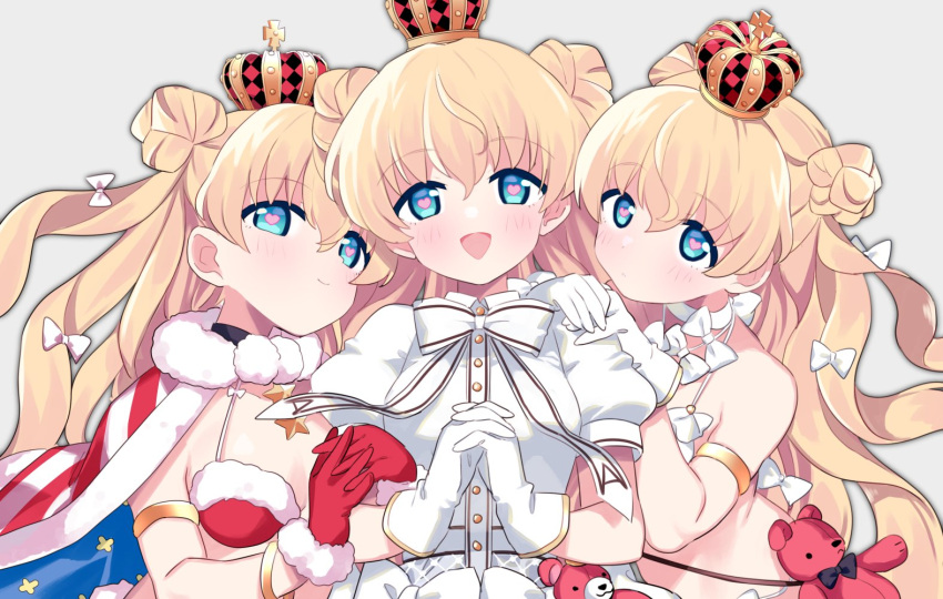 3girls, armlet, bikini, blonde_hair, blue_eyes, blush, bow, bowtie