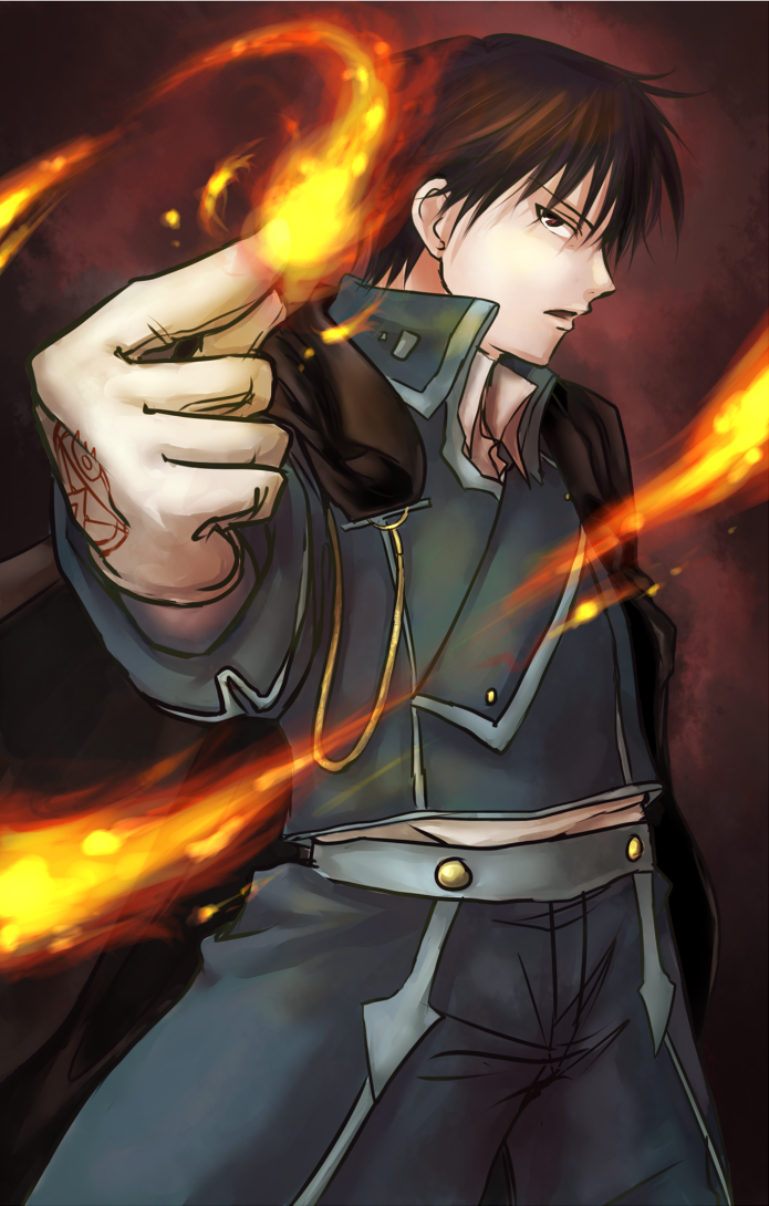 aiguillette, black_hair, brown_eyes, cape, fire, fullmetal_alchemist, ginnan, gloves