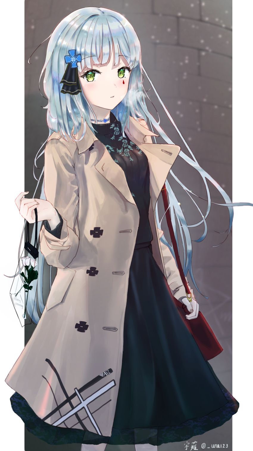 1girl, absurdres, artist_name, bag, bangs, black_dress, blue_hair, breasts, brown_coat, closed_mouth, coat, crossed_bangs, dress, eyebrows_visible_through_hair, facial_mark, facial_tattoo, feet_out_of_frame, girls_frontline, green_eyes, hair_ribbon, highres, hk416_(girls_frontline), holding, holding_bag, long_hair, looking_at_viewer, open_clothes, open_coat, red_bag, ribbon, simple_background, snowflakes, solo, soranagi_(una123), standing, tattoo, teardrop, wall