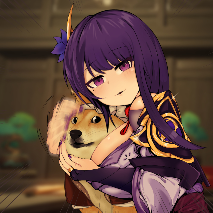 1girl, animal_ears, armor, bangs, bare_shoulders, blush, breasts, bridal_gauntlets, commentary_request, dog, dog_ears, doge, eyebrows_visible_through_hair, flower, genshin_impact, hair_ornament, highres, japanese_clothes, kimono, korean_commentary, large_breasts, long_hair, long_sleeves, looking_at_viewer, mixed-language_commentary, mole, mole_under_eye, open_mouth, parted_lips, petting, purple_flower, purple_hair, purple_nails, raiden_(genshin_impact), ribbon, shiba_inu, shoulder_armor, solo, sparkle, speed_lines, uncolorcube, violet_eyes, wide_sleeves
