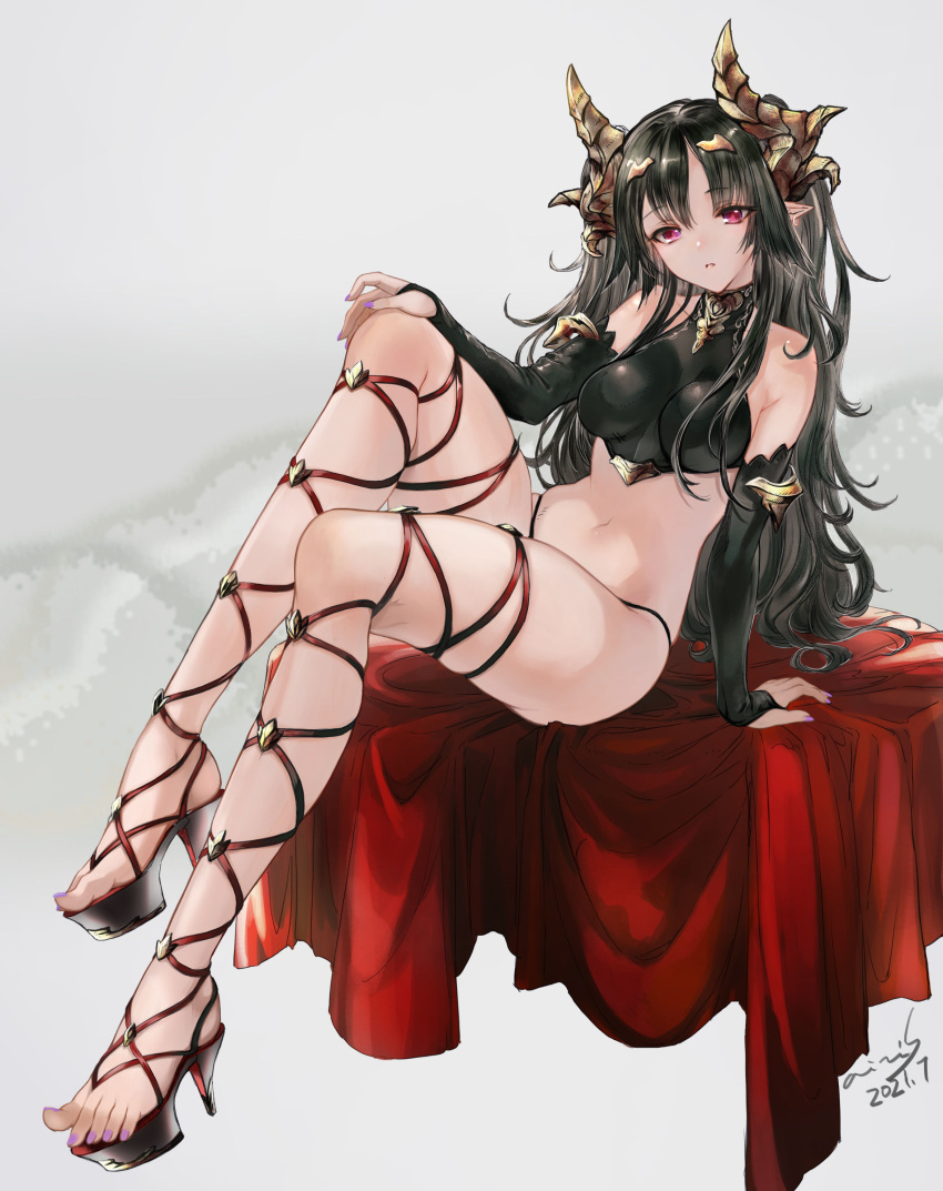 1girl, absurdres, black_bra, black_hair, bra, bridal_gauntlets, cross-laced_footwear, cross-laced_sandals