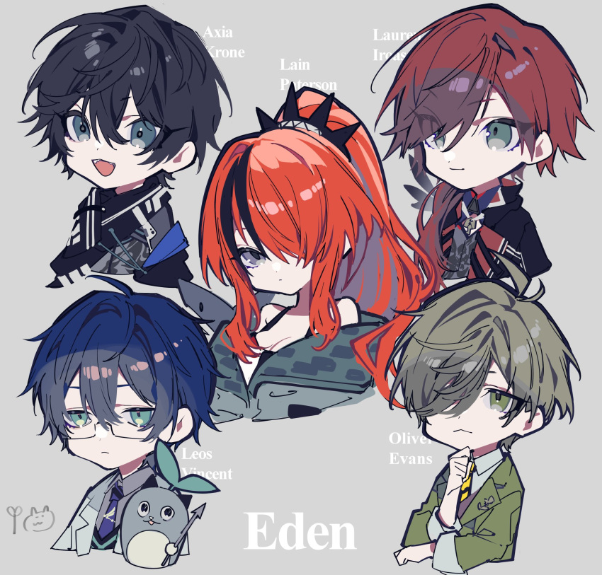 1girl, 4boys, :d, aqua_eyes, axia_krone, bangs, black_hair, black_jacket