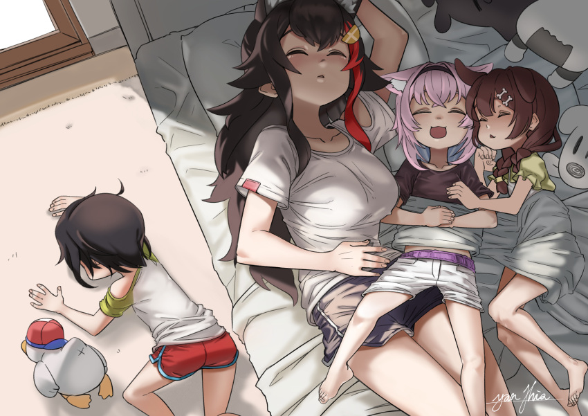 :3, absurdres, animal_ear_fluff, animal_ears, bangs, bed, black_hair, bone_hair_ornament
