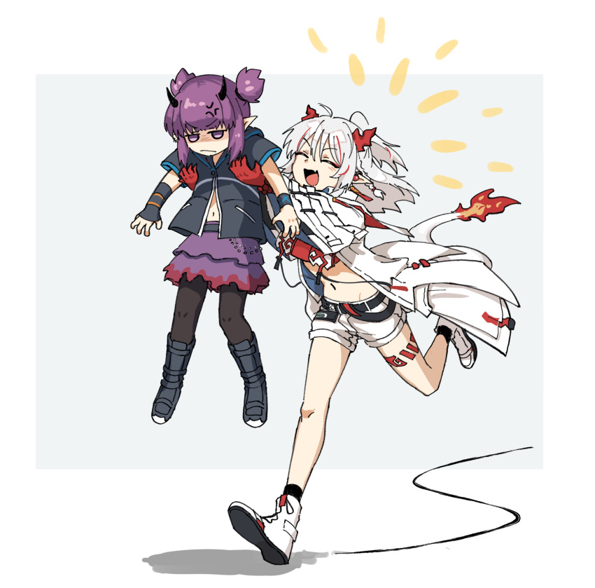 2girls, anger_vein, annoyed, arknights, bangs, black_legwear, carrying, closed_eyes