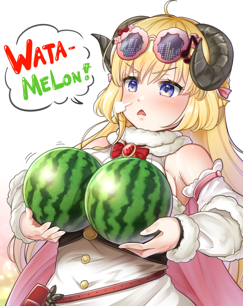 absurdres, ahoge, animal_ears, belt_pouch, blonde_hair, bow, bowtie, cape, carmen_(user_fyvs3542), detached_sleeves, dress, eyewear_on_head, food, fruit, fur-trimmed_cape, fur-trimmed_dress, fur-trimmed_sleeves, fur_trim, hair_ornament, hairclip, half_updo, highres, hololive, horns, long_hair, pinstripe_dress, pinstripe_pattern, pouch, sheep_ears, sheep_girl, sheep_horns, short_dress, sleeveless, sleeveless_dress, striped, tsunomaki_watame, two-sided_cape, two-sided_fabric, very_long_hair, violet_eyes, virtual_youtuber, watermelon, white_dress