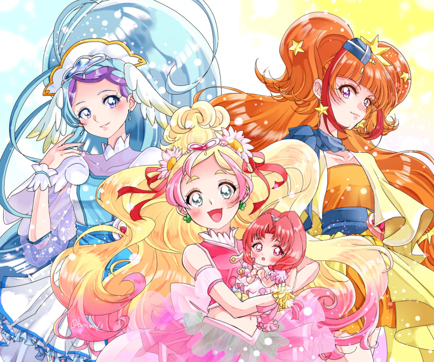 4girls, akagi_towa, amanogawa_kirara, baby, blonde_hair, blue_eyes, cosplay, cure_ange, cure_ange_(cosplay), cure_etoile, cure_etoile_(cosplay), cure_flora, cure_mermaid, cure_twinkle, cure_yell, cure_yell_(cosplay), go!_princess_precure, gradient_hair, hair_ornament, hair_ribbon, haruno_haruka, highres, hugtto!_precure, inuko_(nozomi1118), kaidou_minami, light_blue_hair, multicolored_hair, multiple_girls, orange_hair, precure, purple_hair, red_ribbon, redhead, ribbon, star_(symbol), star_hair_ornament, violet_eyes, wing_hair_ornament