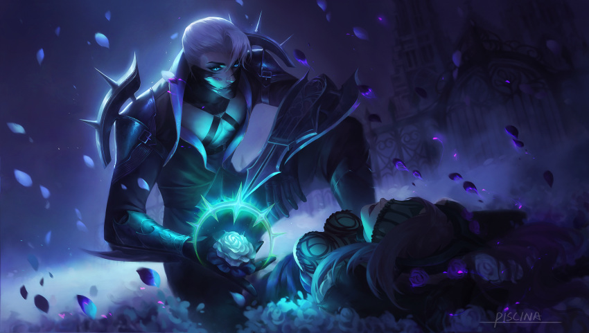 1boy, 1girl, absurdres, armor, artist_name, backlighting, blade, blue_eyes
