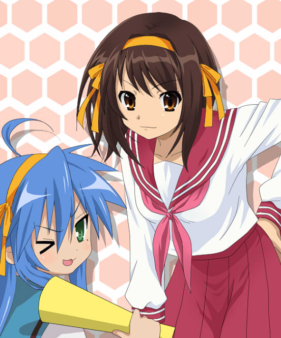 cosplay, costume_switch, crossover, hair_ribbon, hirano_aya, izumi_konata, izumi_konata_(cosplay), kikutake_ranmaru, lucky_star, ribbon, school_uniform, seiyuu_connection, suzumiya_haruhi, suzumiya_haruhi_(cosplay), suzumiya_haruhi_no_yuuutsu
