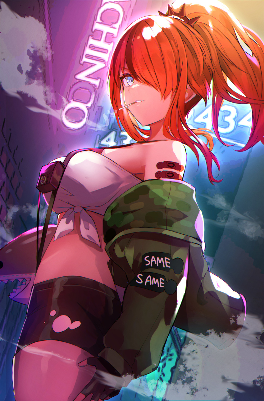 1girl, absurdres, bandeau, bare_shoulders, black_gloves, black_shorts, blue_eyes, breasts