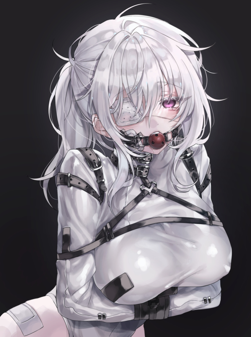 1girl, absurdres, ball_gag, bdsm, belt, black_belt, bodysuit, bondage
