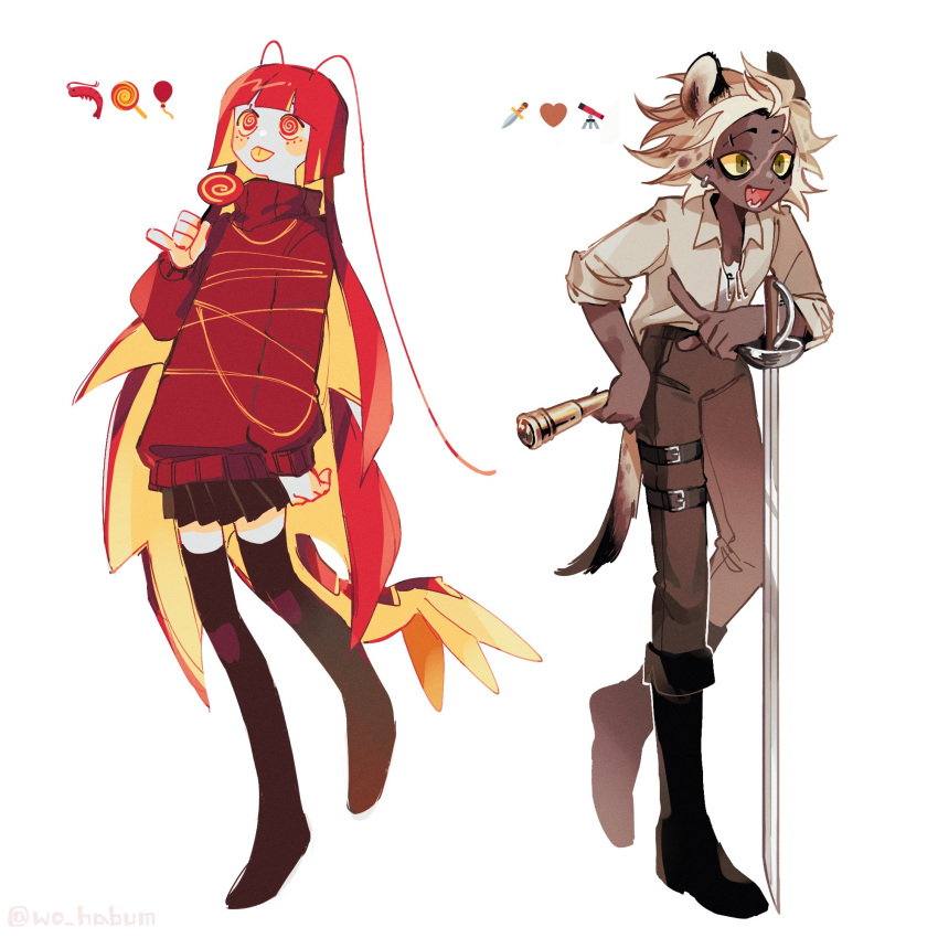 1boy, 1girl, :p, @_@, animal_ears, antennae, black_footwear, black_legwear