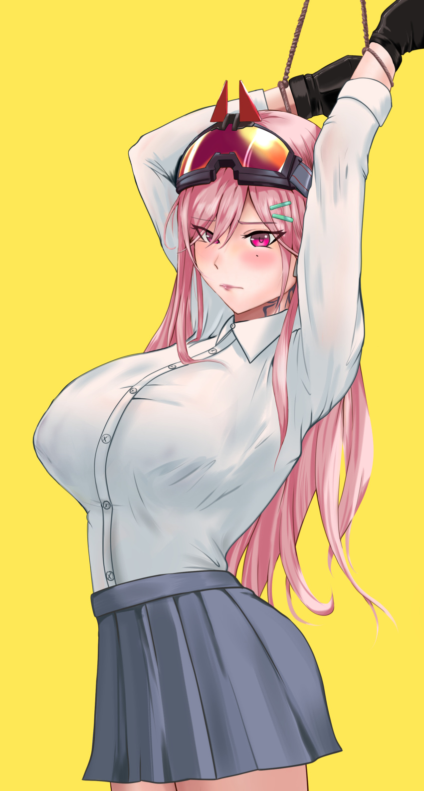 1girl, absurdres, bangs, black_gloves, blush, bound, bound_wrists, breasts, closed_mouth, earrings, eyebrows_visible_through_hair, eyewear_on_head, feet_out_of_frame, girls_frontline, gloves, grey_skirt, highres, jewelry, kepra_iii, large_breasts, lips, long_hair, looking_at_viewer, mole, mole_under_eye, pink_hair, restrained, shirt, sig_mcx_(girls_frontline), skirt, solo, standing, violet_eyes, white_shirt, yellow_background