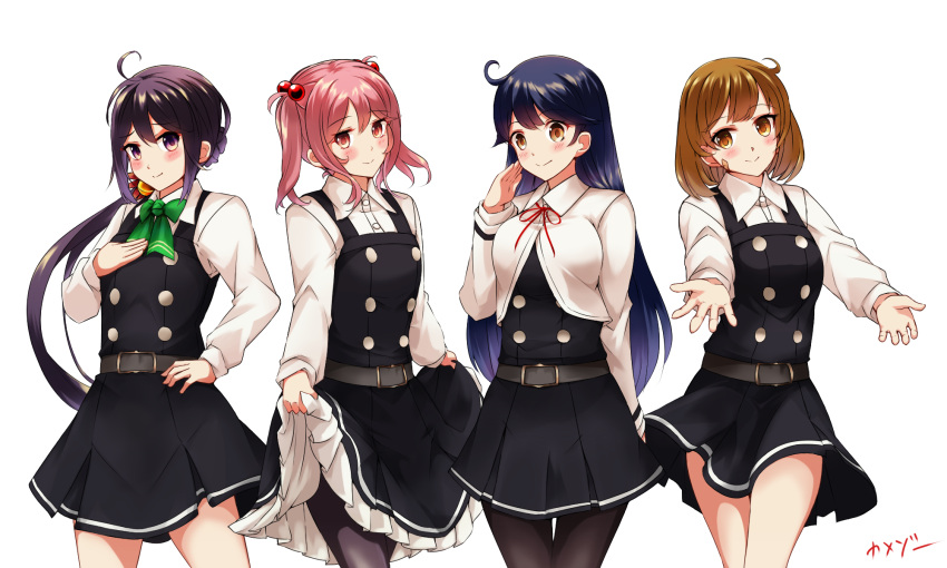 4girls, ahoge, akebono_(kancolle), arashio_(kancolle), arashio_(kancolle)_(cosplay), artist_name, asashio_(kancolle), asashio_(kancolle)_(cosplay)