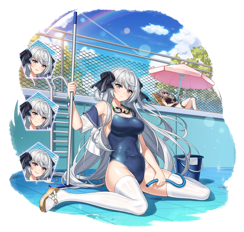 2girls, 2qba, absurdres, armpits, bare_shoulders, beach_umbrella, black_swimsuit, blue_eyes