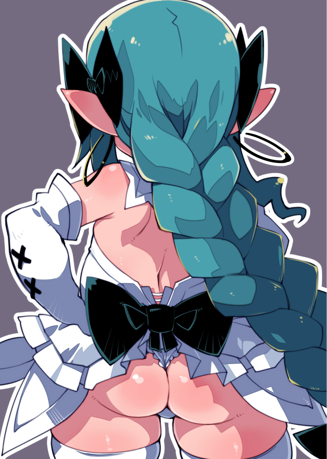 1girl, ass, black_bow, blue_hair, bow, braid, earrings, elbow_gloves