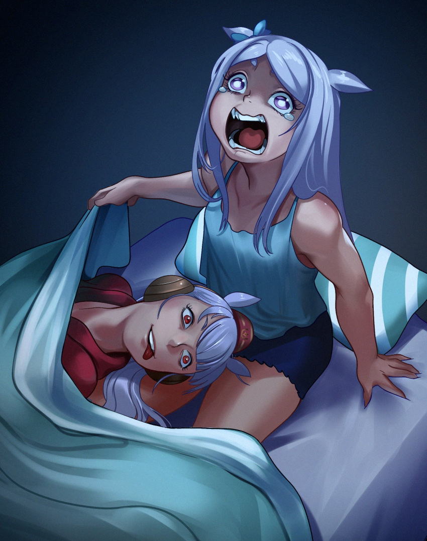 2girls, animal_ears, aqua_bow, bangs, bed, blanket, blunt_bangs, bow