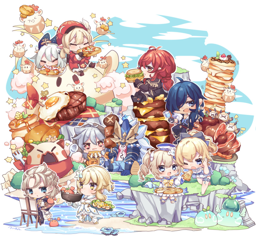4boys, 5girls, :d, absurdres, ahoge, albedo_(genshin_impact), automaton_(object), bangs
