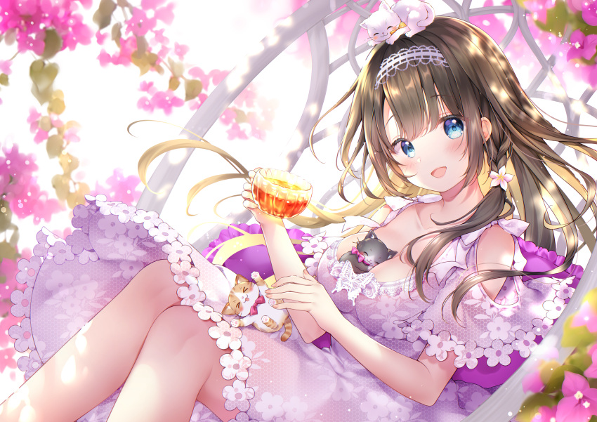 1girl, absurdres, animal, bangs, between_breasts, blue_eyes, blush, braid