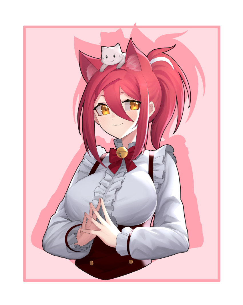 1girl, absurdres, animal_ear_fluff, animal_on_head, bangs, bell, black_corset, breasts