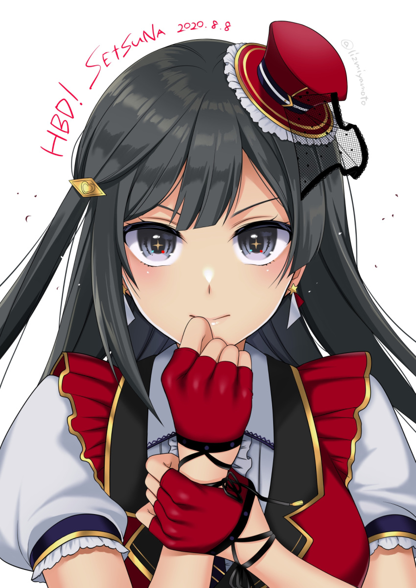 1girl, bangs, black_eyes, black_hair, chase!_(love_live!), gloves, grey_eyes, half_gloves