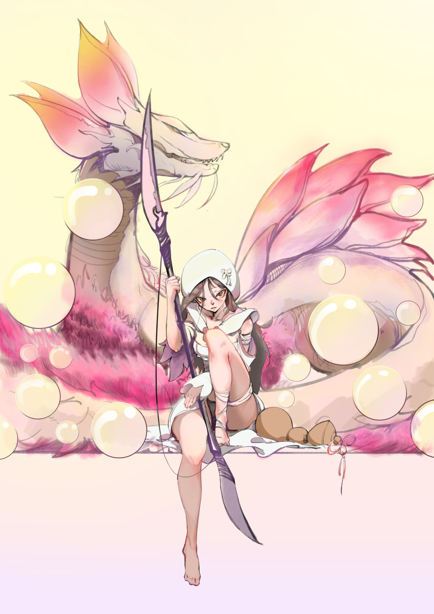 1girl, absurdres, bare_legs, barefoot, black_hair, bubble, highres, hood