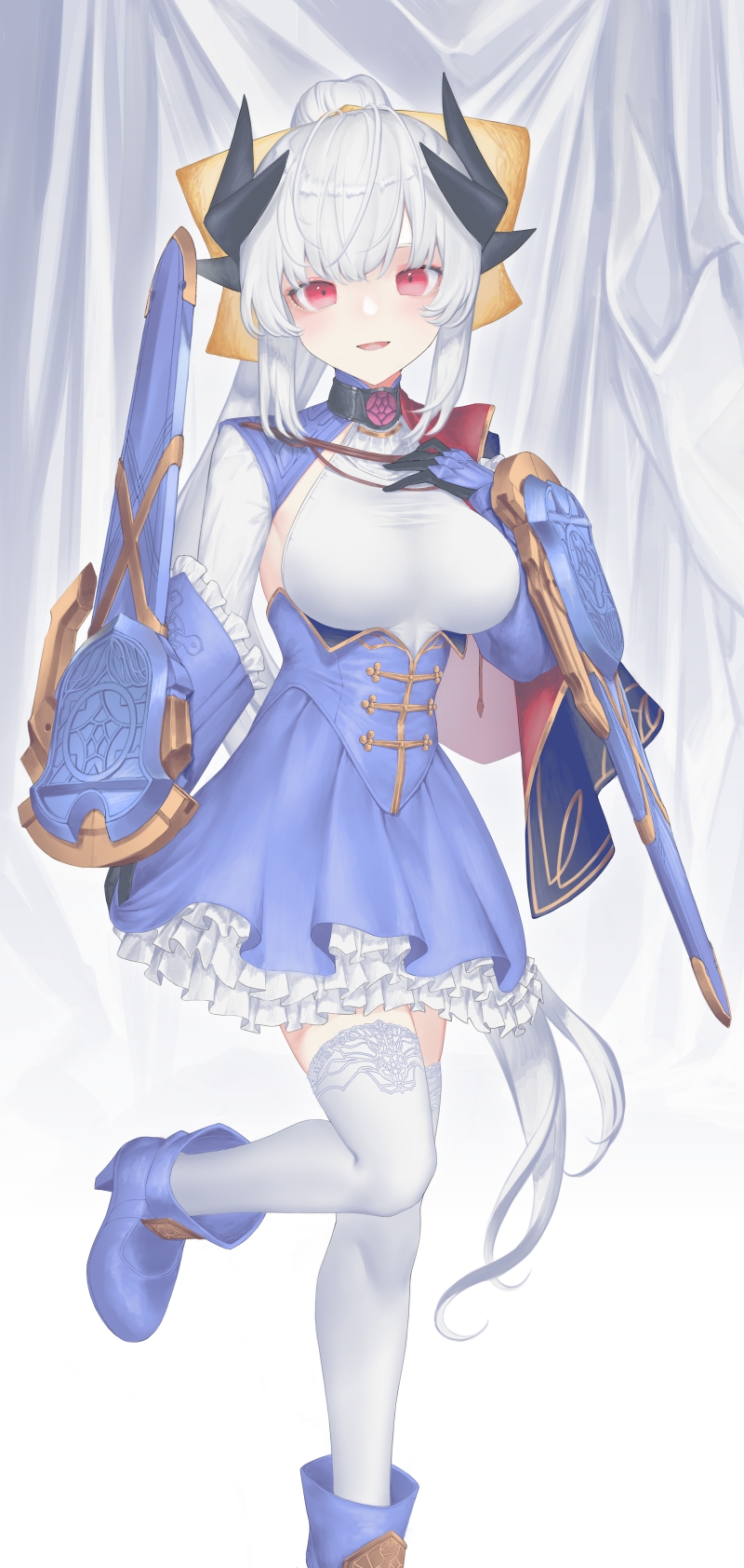 1girl, bangs, black_gloves, black_horns, blue_dress, blue_footwear, blush, boots, breasts, cosplay, dmith, dragon_girl, dragon_horns, dress, fairy_knight_lancelot_(fate), fairy_knight_lancelot_(fate)_(cosplay), fate/grand_order, fate_(series), frills, gloves, high_heel_boots, high_heels, highres, horns, kiyohime_(fate), large_breasts, long_hair, long_sleeves, looking_at_viewer, multiple_horns, open_mouth, ponytail, red_eyes, smile, solo, thigh-highs, thighs, weapon, white_hair, white_legwear