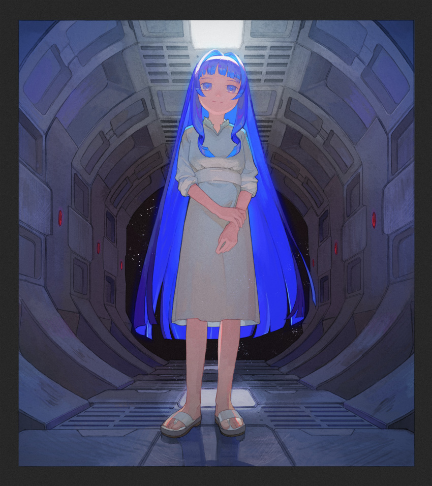 1girl, absurdres, bangs, blue_eyes, blue_hair, blunt_bangs, border, ceiling