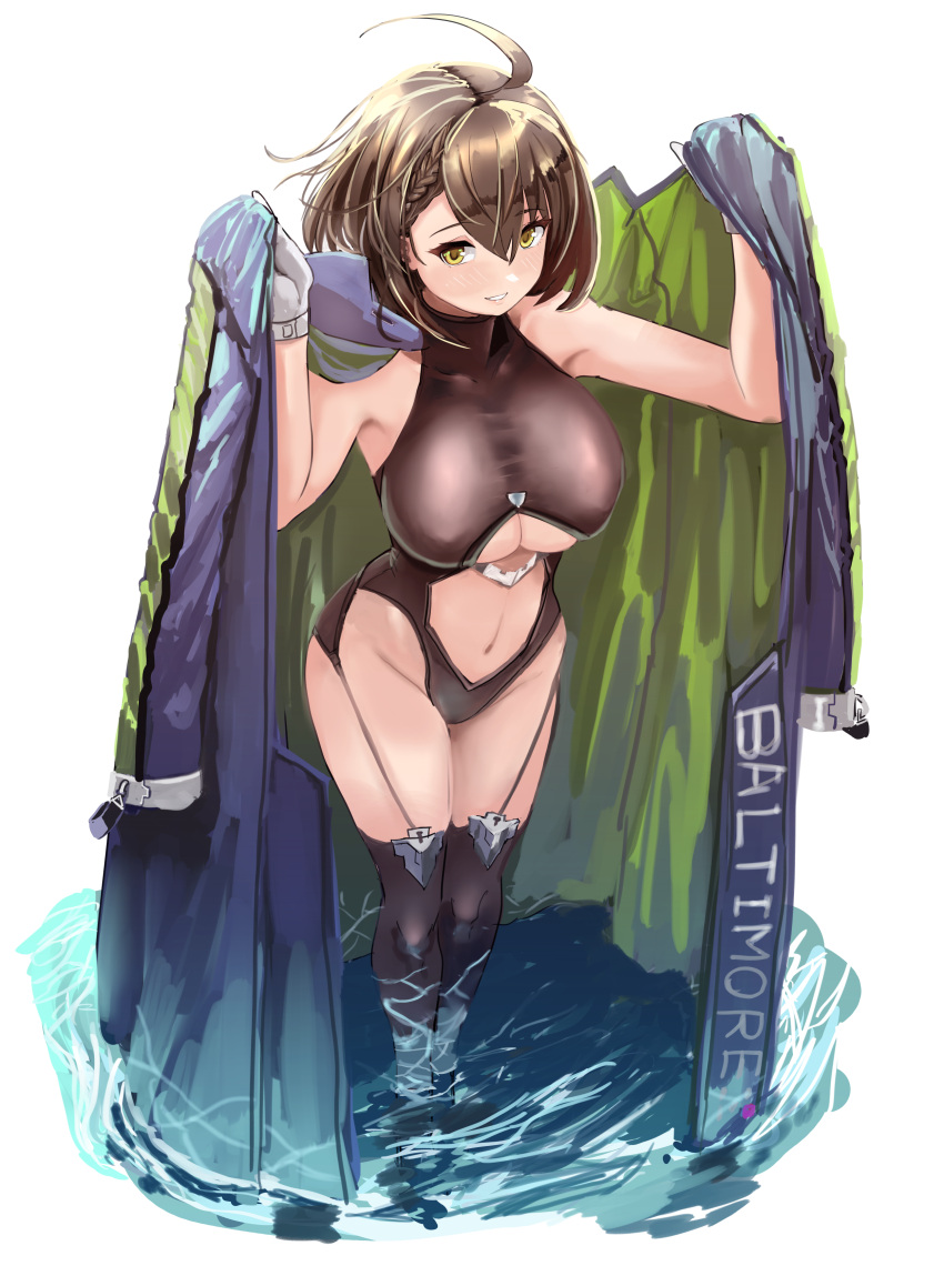 1girl, absurdres, ahoge, arms_up, azur_lane, baltimore_(azur_lane), bangs, bare_shoulders
