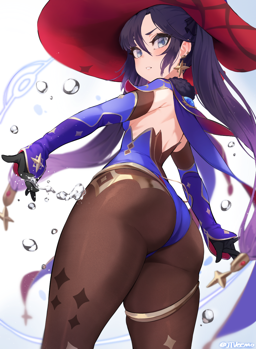 1girl, ass, black_gloves, blue_eyes, blue_hair, brown_legwear, from_behind, genshin_impact