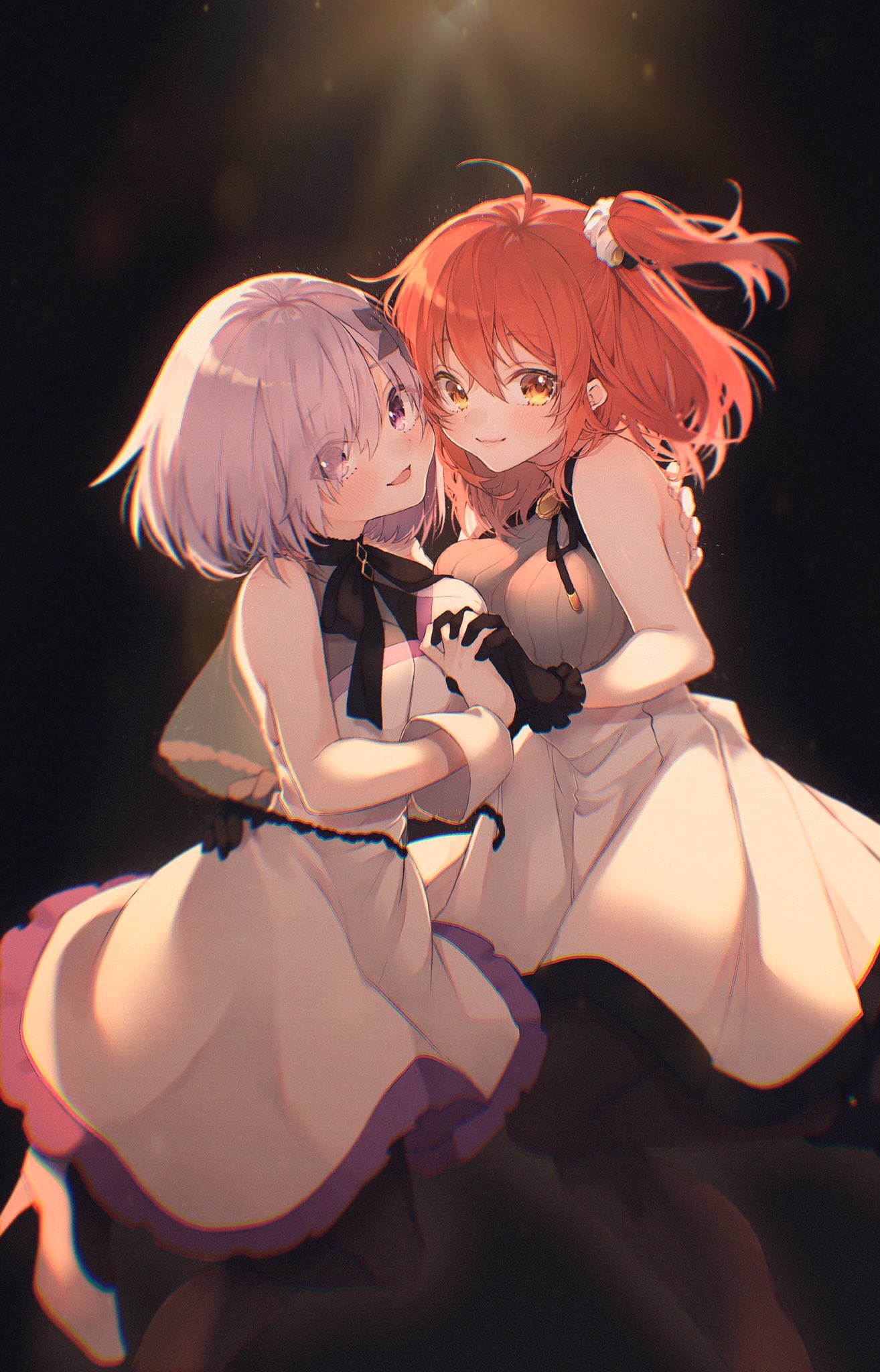 2girls, alternate_costume, bangs, bare_shoulders, black_flower, black_gloves, black_neckwear, blush, breasts, closed_mouth, commentary_request, dancing, dress, eyebrows_visible_through_hair, eyes_visible_through_hair, fate/grand_order, fate_(series), flower, formal, fujimaru_ritsuka_(female), gloves, hair_between_eyes, hair_flower, hair_ornament, hair_over_one_eye, hair_scrunchie, hand_on_another's_back, hand_on_another's_hip, highres, holding_hands, large_breasts, light_purple_hair, lips, looking_at_viewer, mash_kyrielight, medium_breasts, multiple_girls, official_alternate_costume, open_mouth, orange_hair, pink_lips, ponytail, scrunchie, short_hair, side_ponytail, sleeveless, sleeveless_dress, smile, suna_co, under_the_same_sky, violet_eyes, white_dress, wrist_cuffs, yellow_eyes