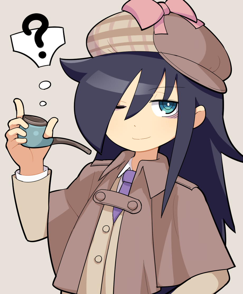 1girl, ;), ?, bags_under_eyes, bangs, black_hair, blazer, bow