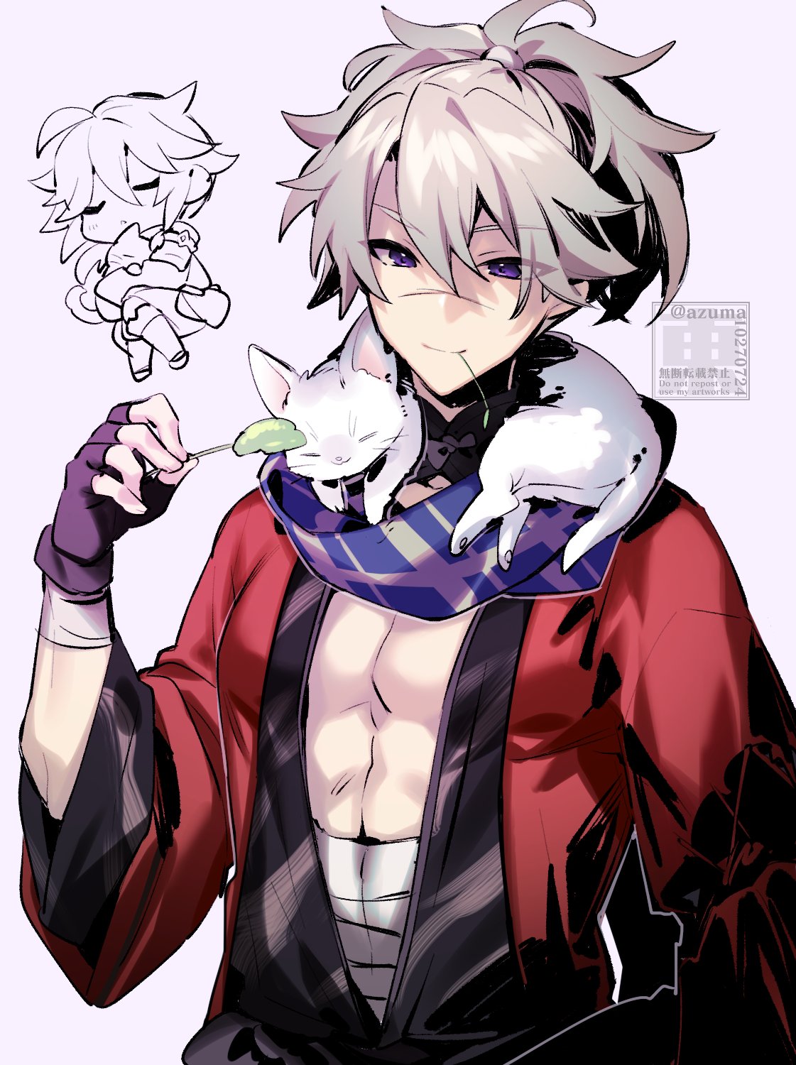 2boys, ahoge, animal, animal_on_shoulder, azuma_(azuma10270724), bangs, black_gloves, blue_scarf