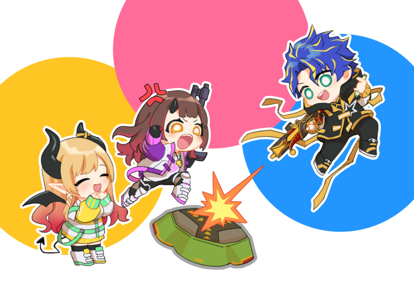 1boy, 2girls, ^_^, anger_vein, annoyed, apex_legends, assault_rifle, astel_leda