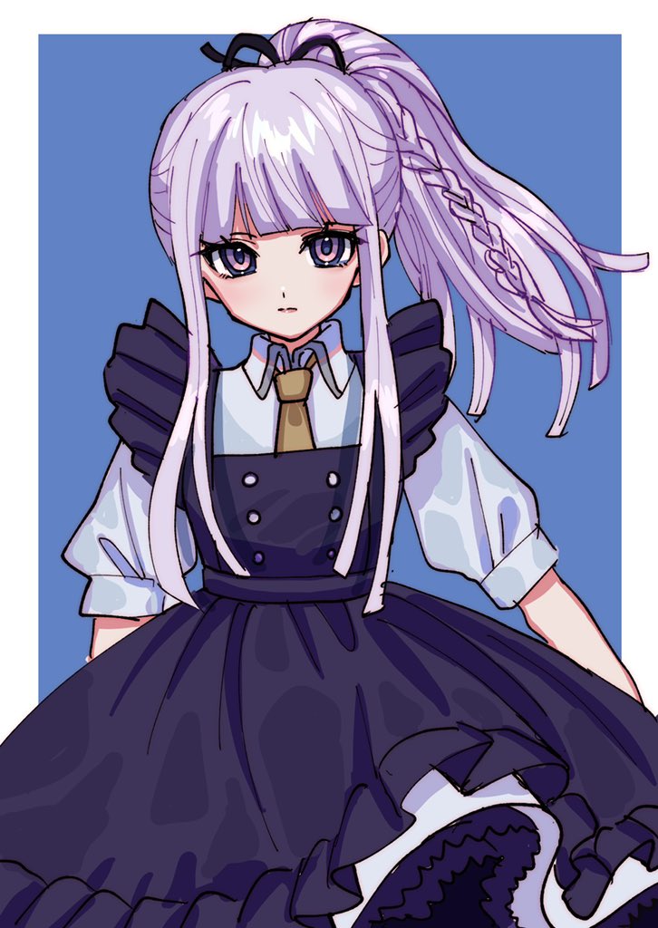 1girl, alternate_costume, alternate_hairstyle, bangs, black_dress, black_ribbon, blue_background, border, braid, buttons, closed_mouth, collared_shirt, commentary_request, cowboy_shot, dangan_ronpa:_trigger_happy_havoc, dangan_ronpa_(series), double-breasted, dress, esu_(tasoesu), frilled_dress, frills, hair_ribbon, kirigiri_kyouko, long_hair, looking_at_viewer, necktie, ponytail, purple_hair, ribbon, shiny, shiny_hair, shirt, short_sleeves, simple_background, solo, violet_eyes, white_border
