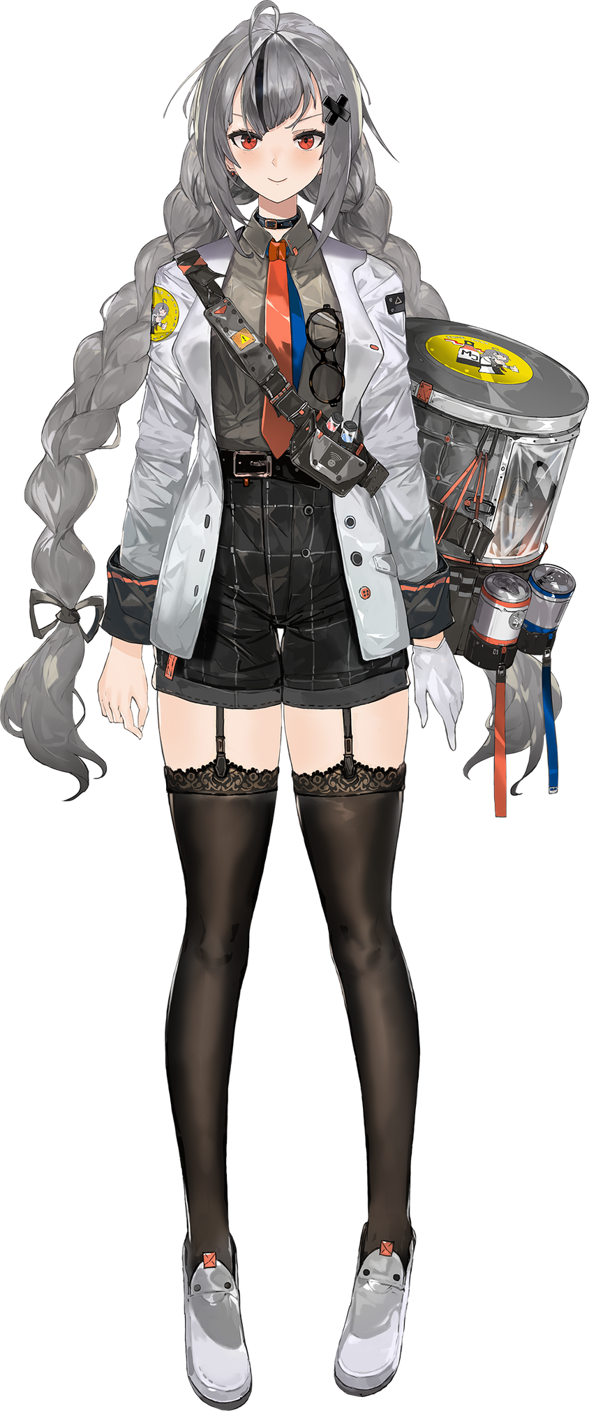 1girl, alchemaniac, belt, black_belt, black_legwear, black_shorts, blazer, blue_neckwear, blush, braid, brown_shirt, collared_shirt, eyewear_removed, fanny_pack, glasses, gloves, grey_footwear, grey_hair, grey_shirt, highres, jacket, long_hair, necktie, nijisanji, nijisanji_id, official_art, open_hand, orange_neckwear, red_eyes, shirt, shorts, single_glove, solo, standing, thigh-highs, transparent_background, twin_braids, very_long_hair, white_gloves, white_jacket, xia_ekavira