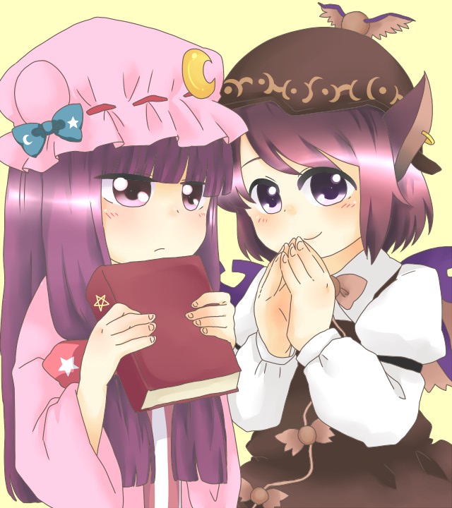 2girls, animal_ears, book, earrings, hands, hat, jewelry, long_sleeves