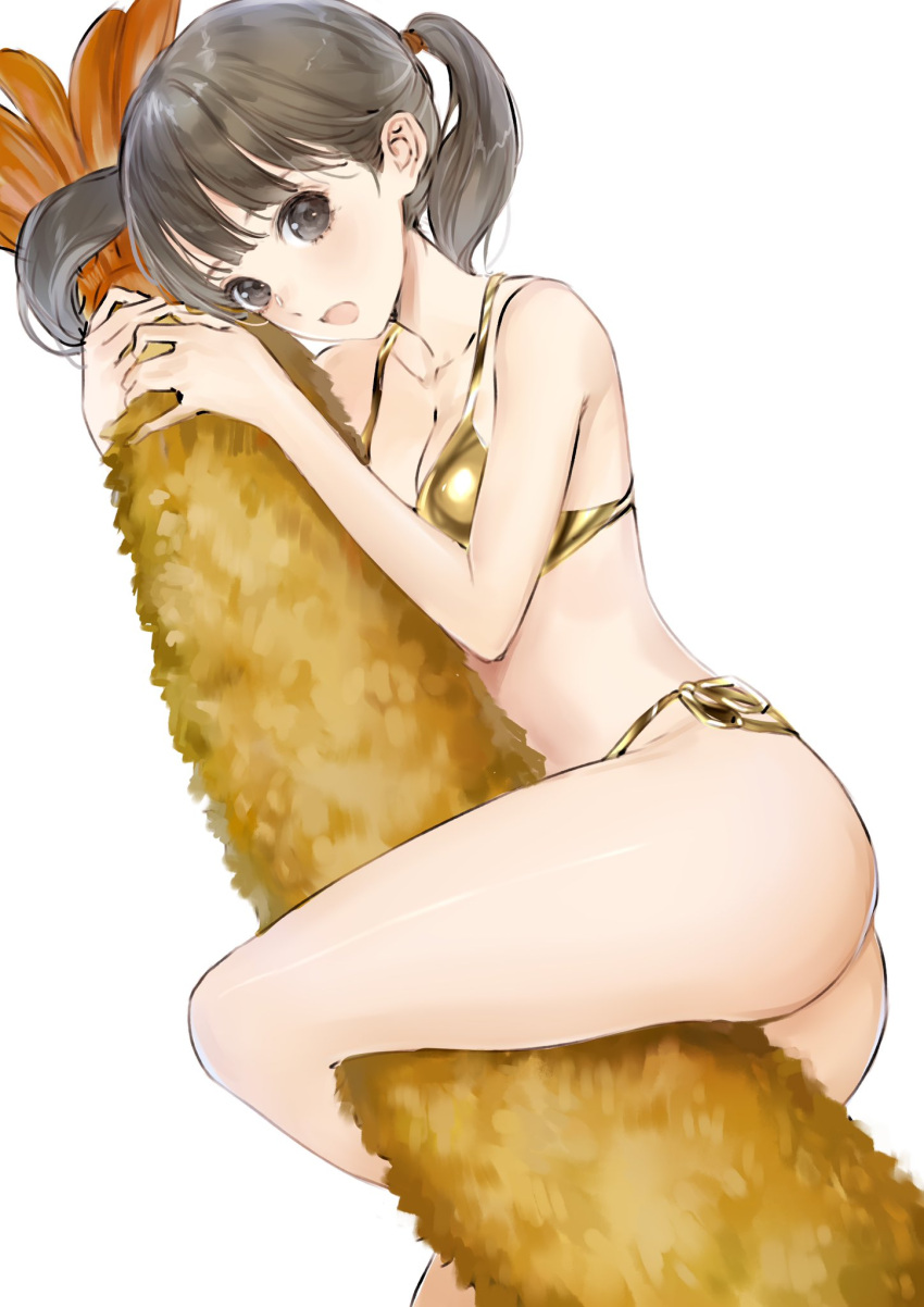 1girl, bangs, bare_legs, bare_shoulders, bikini, black_eyes, black_hair, commentary_request, food, giant_food, gold_bikini, highres, kishida_mel, looking_at_viewer, medium_hair, object_hug, open_mouth, original, shrimp, shrimp_tempura, side-tie_bikini, solo, string_bikini, swimsuit, tempura, thighs, twintails, white_background