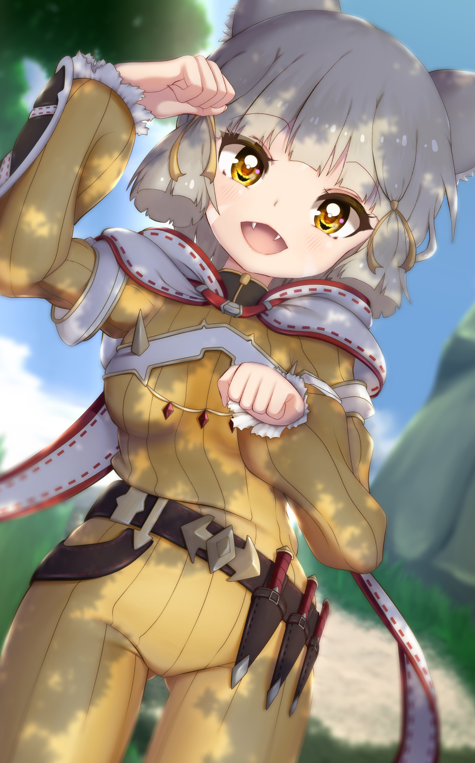 1girl, animal_ears, bangs, blunt_bangs, bodysuit, breasts, cat_ears, facial_mark, gloves, highres, nia_(xenoblade), rirusu, short_hair, silver_hair, small_breasts, solo, white_gloves, xenoblade_chronicles_(series), xenoblade_chronicles_2, yellow_bodysuit, yellow_eyes