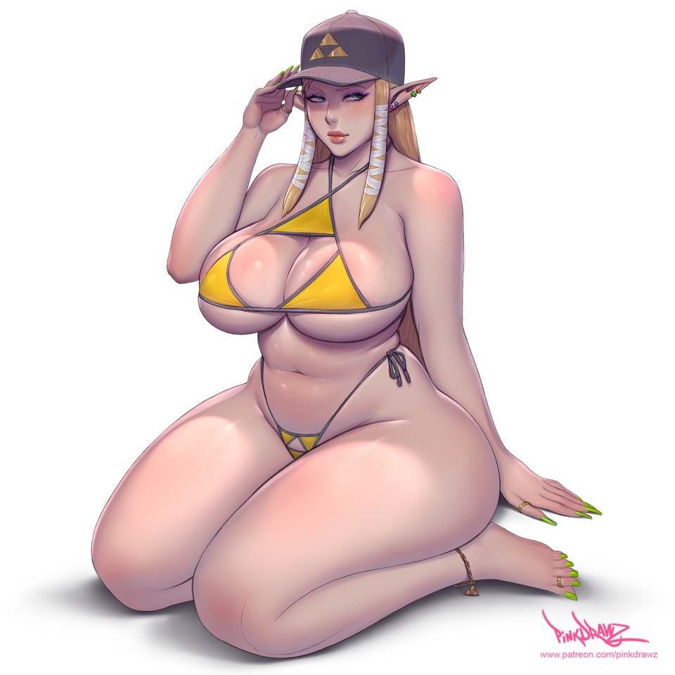 1girl, anklet, artist_name, barefoot, baseball_cap, belly, bikini, black_headwear